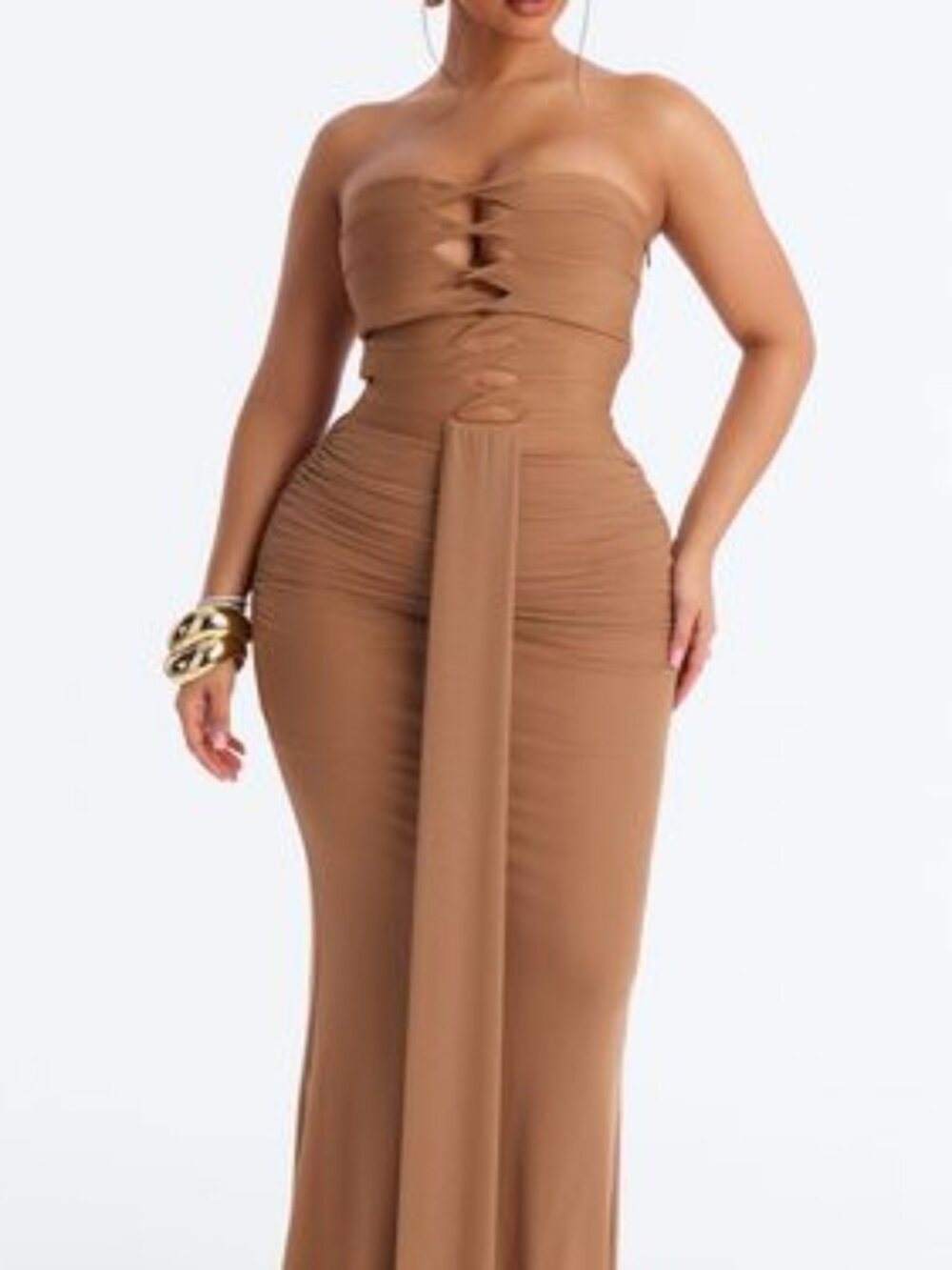 Center Stage Draped Bandage Maxi Dress - Mocha - L